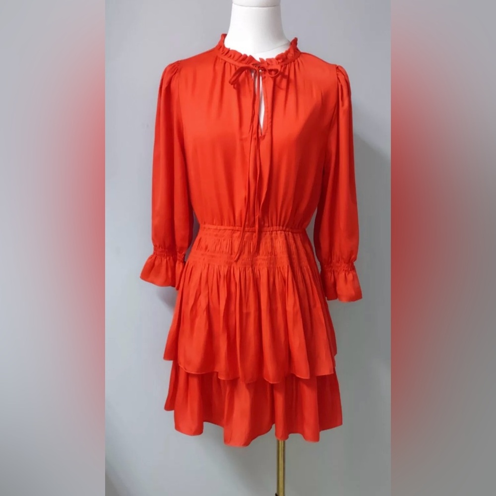 JOIE Bright Orange Keyhole Smocked Tiered Ruffles Mini Dress